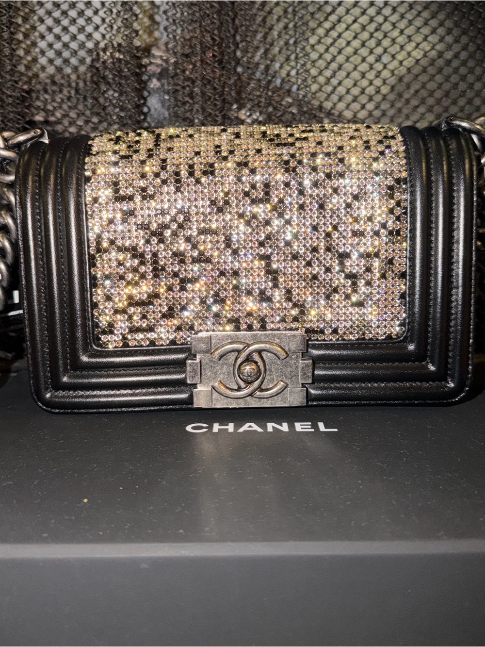 CHANEL Black Leather Mini Boy Bag with Crystal Panel
